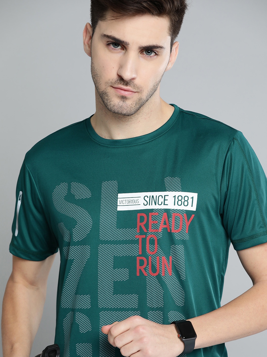 

Slazenger Men Teal Green & Grey Brand Logo Printed Running T-shirt