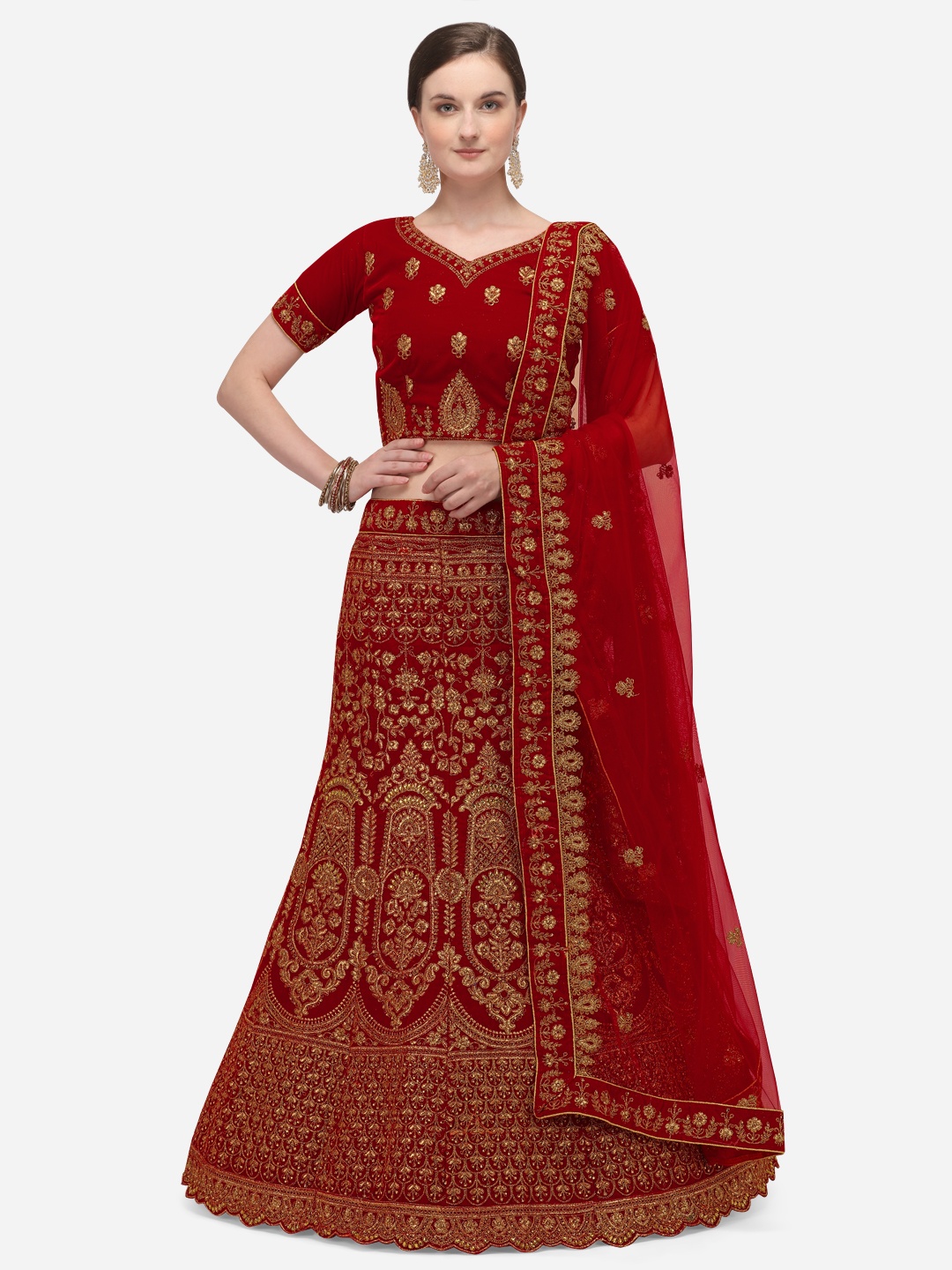 

Netram Red & Gold-Toned Embroidered Semi-Stitched Lehenga & Unstitched Blouse with Dupatta