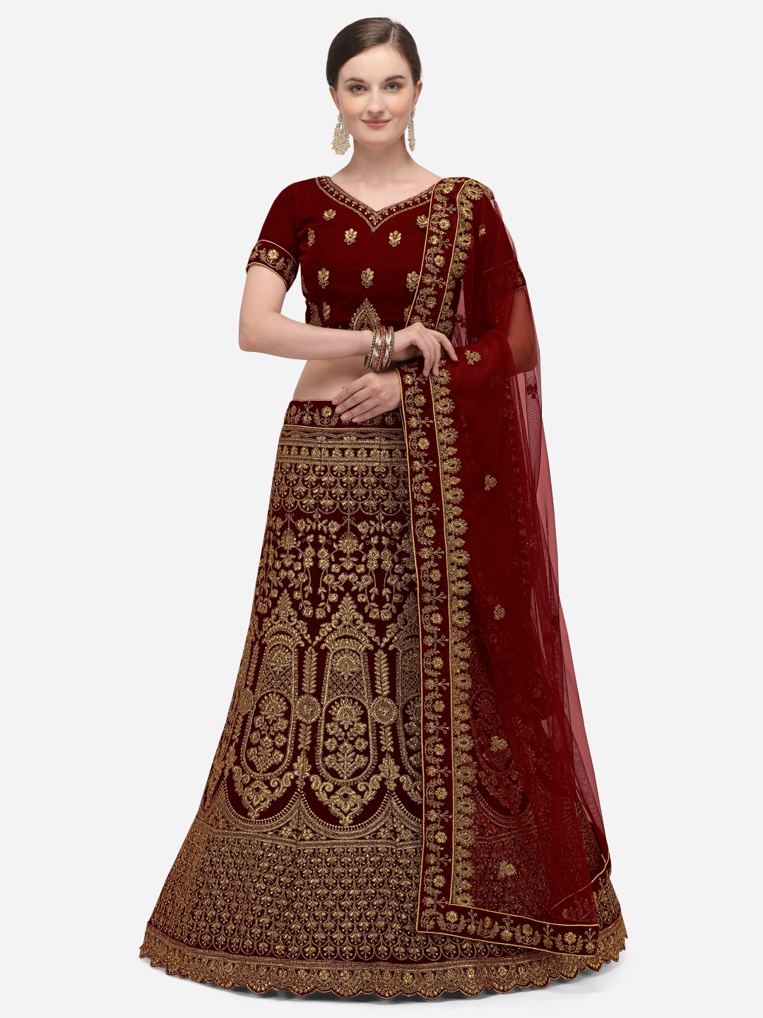 

Netram Maroon & Gold-Toned Embroidered Semi-Stitched Lehenga & Unstitched Blouse with Dupatta