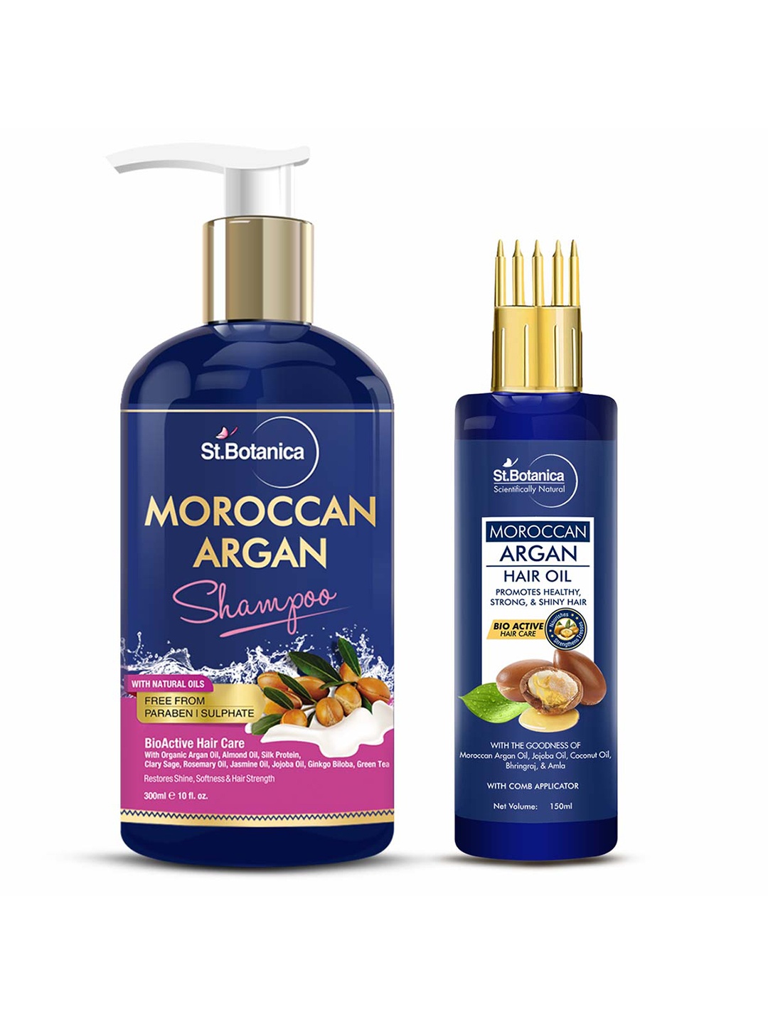 

StBotanica Set of 2 Moroccan Argan Shampoo + Argan Hair Oil With Comb Applicator, Blue