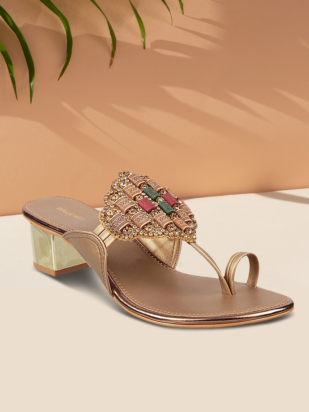 

WALKWAY by Metro Women Gold-Toned & Green Ethnic Embellished One-Toe Block Heels