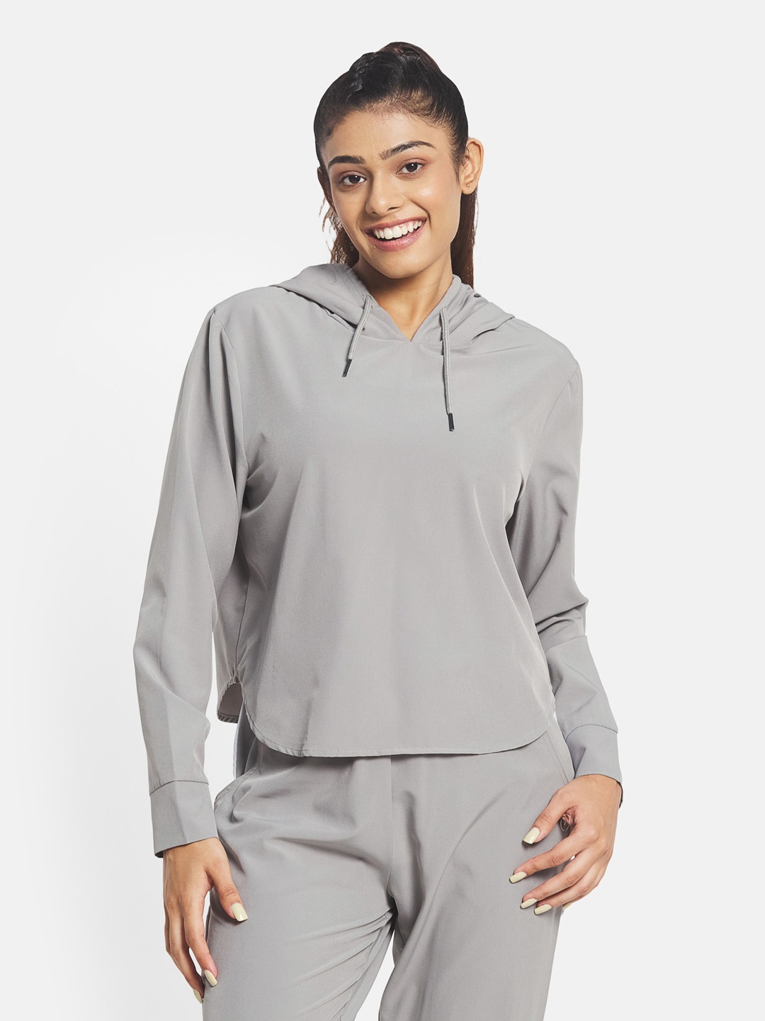 

KICA Women Grey Knitted Hooded Ultra Lightweight Cropped Pullover Jacket