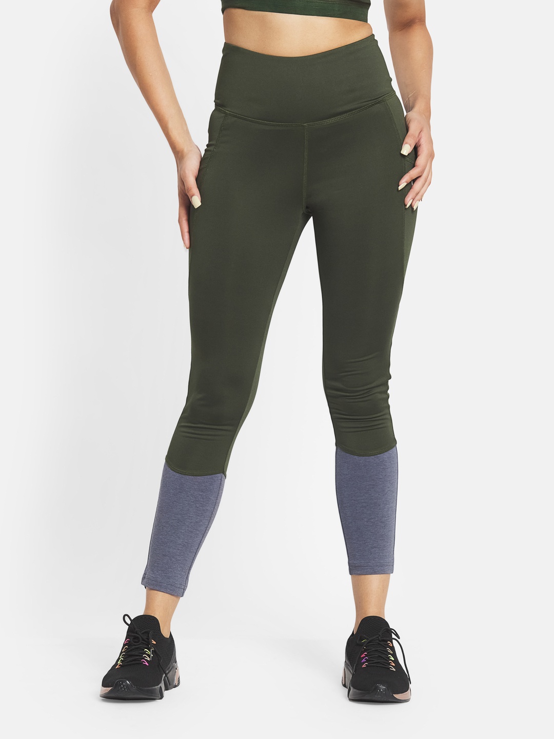 

KICA Women Olive Green High Waisted Lightweight Leggings With Pockets & Medium Support