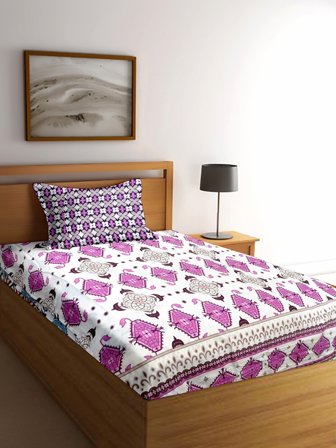 Cortina Cotton Pink Single Bedsheets, White