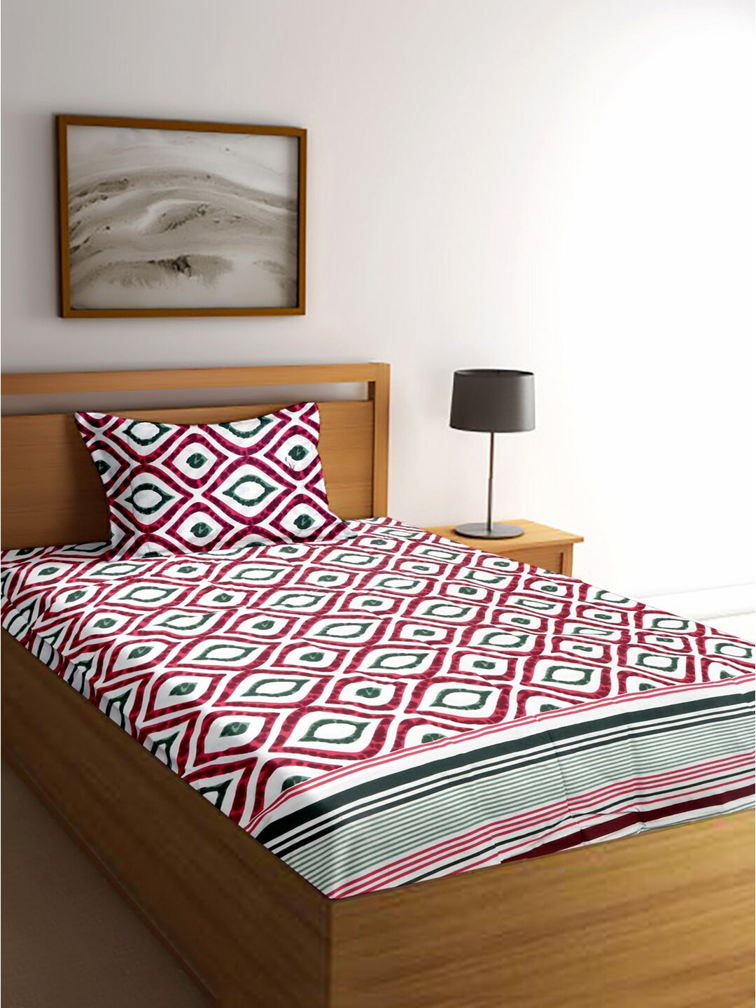 

Cortina White & Red Geometric 144 TC Cotton 1 Single Bedsheet with 1 Pillow Covers