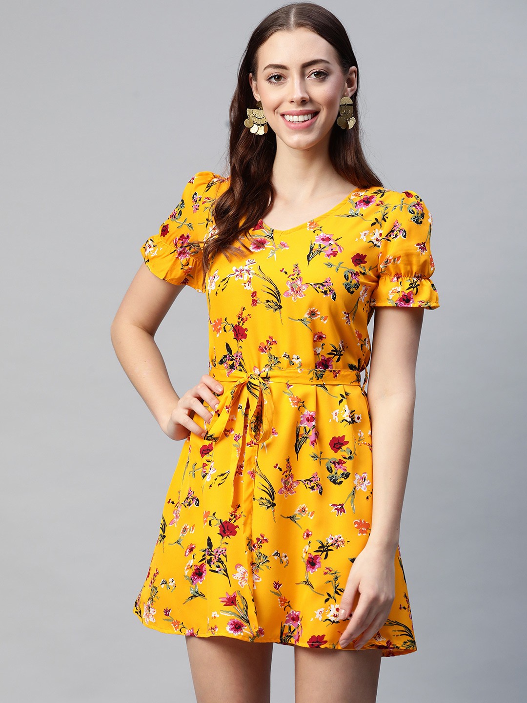 

Campus Sutra Women Yellow Pure Cotton Floral Print A-Line Dress