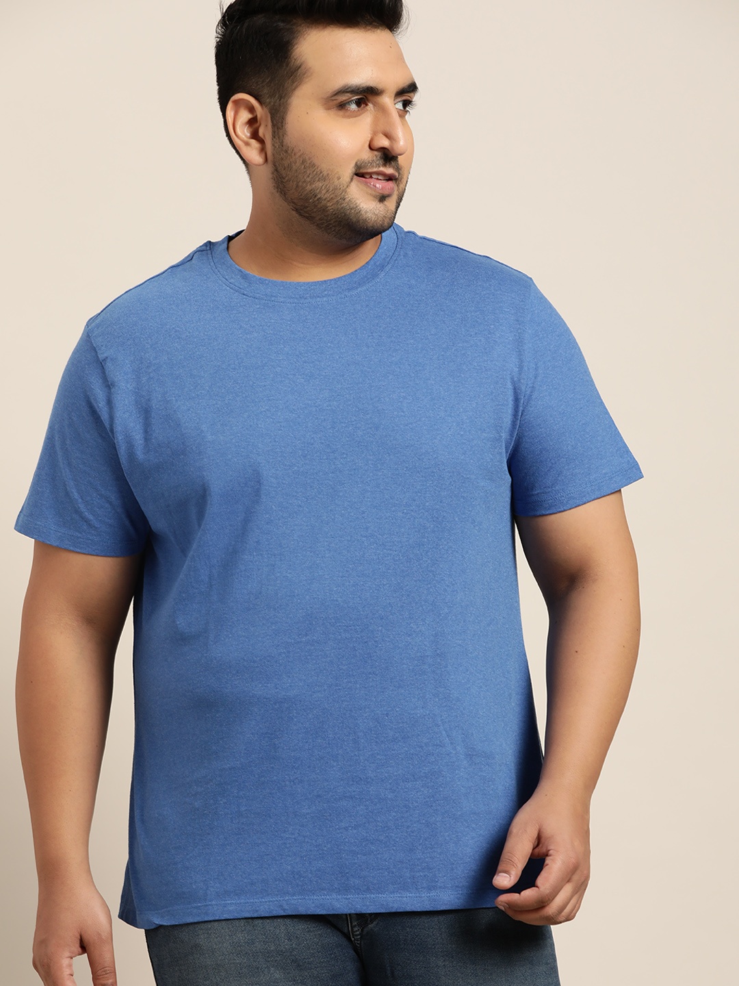 

Sztori Men Plus Size Blue Solid Sustainable Cotton T-shirt