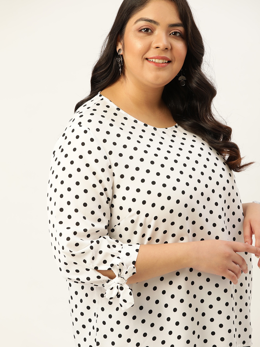 

Sztori Plus Size White & Black Polka Dot Print Regular Top