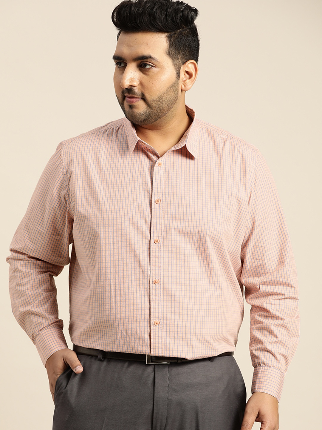 

Sztori Men Plus Size Orange & Blue Grid Tattersall Checked Pure Cotton Formal Shirt