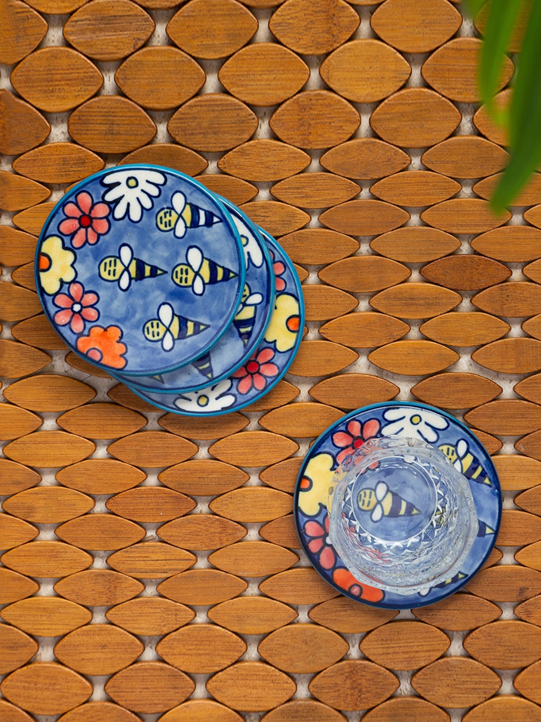 

ExclusiveLane Set Of 4 Blue Yellow Hand-Painted Ceramic Coasters