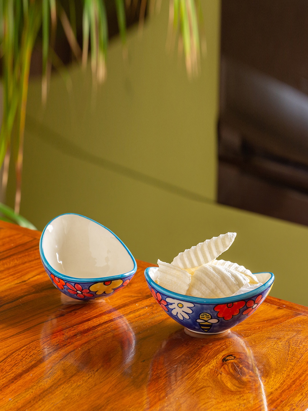 

ExclusiveLane Set Of 2 The Bee Collective Hand-Painted Ceramic Serving Bowls- 220 ml, Blue