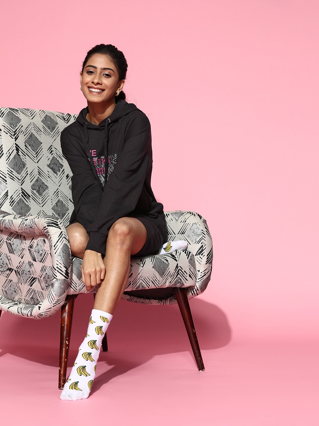 

Roadster Women Black & Pink Typography Print Hooded Jumper Dress