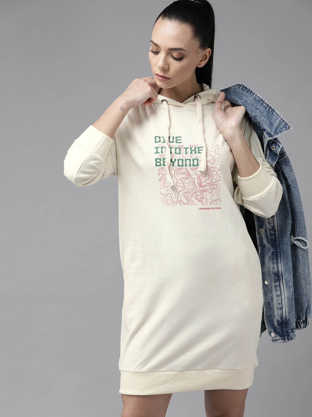 

Roadster Off White Printed Hooded Jumper Dress