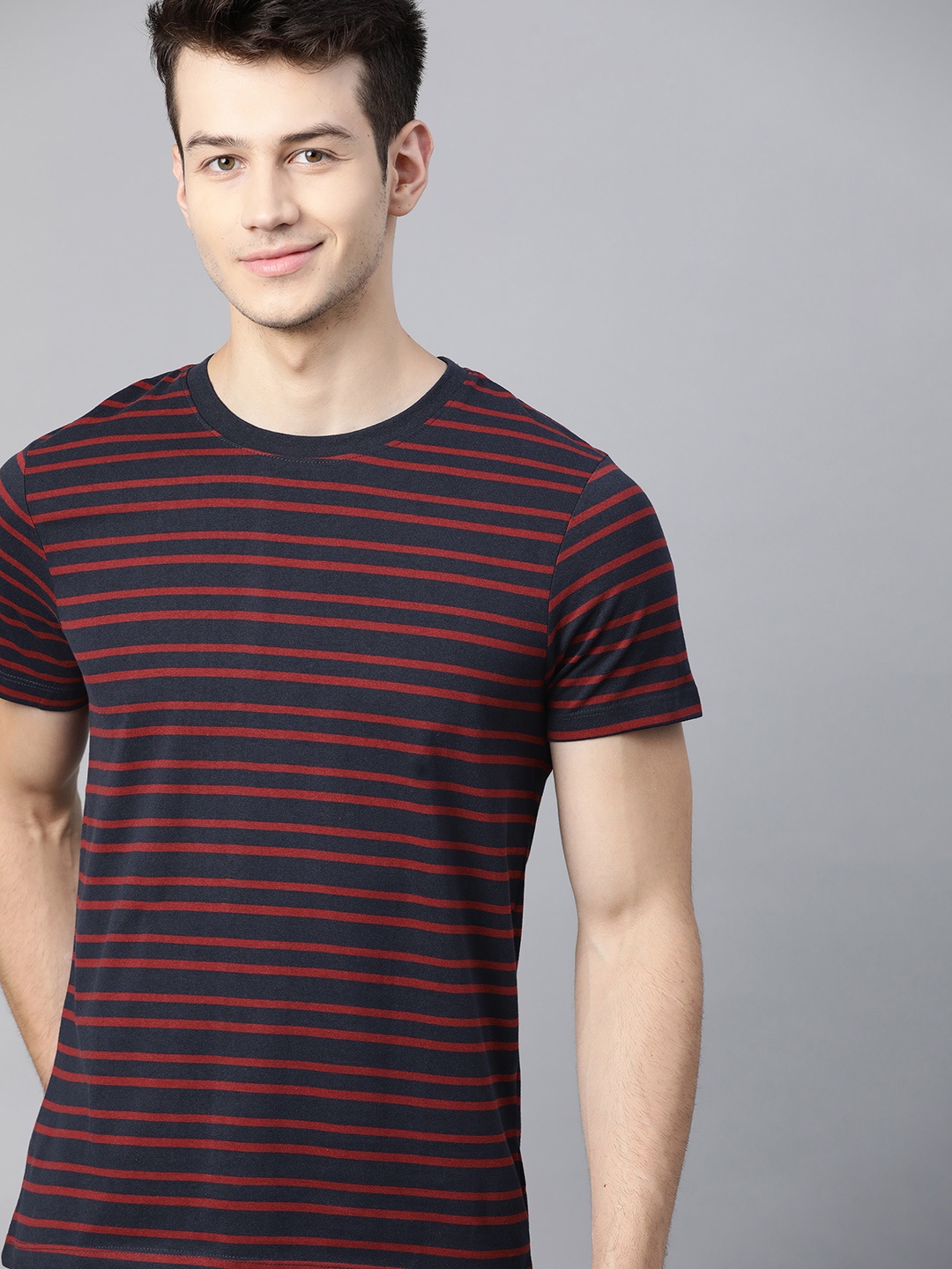 

Mast & Harbour Men Navy Blue & Red Striped T-shirt