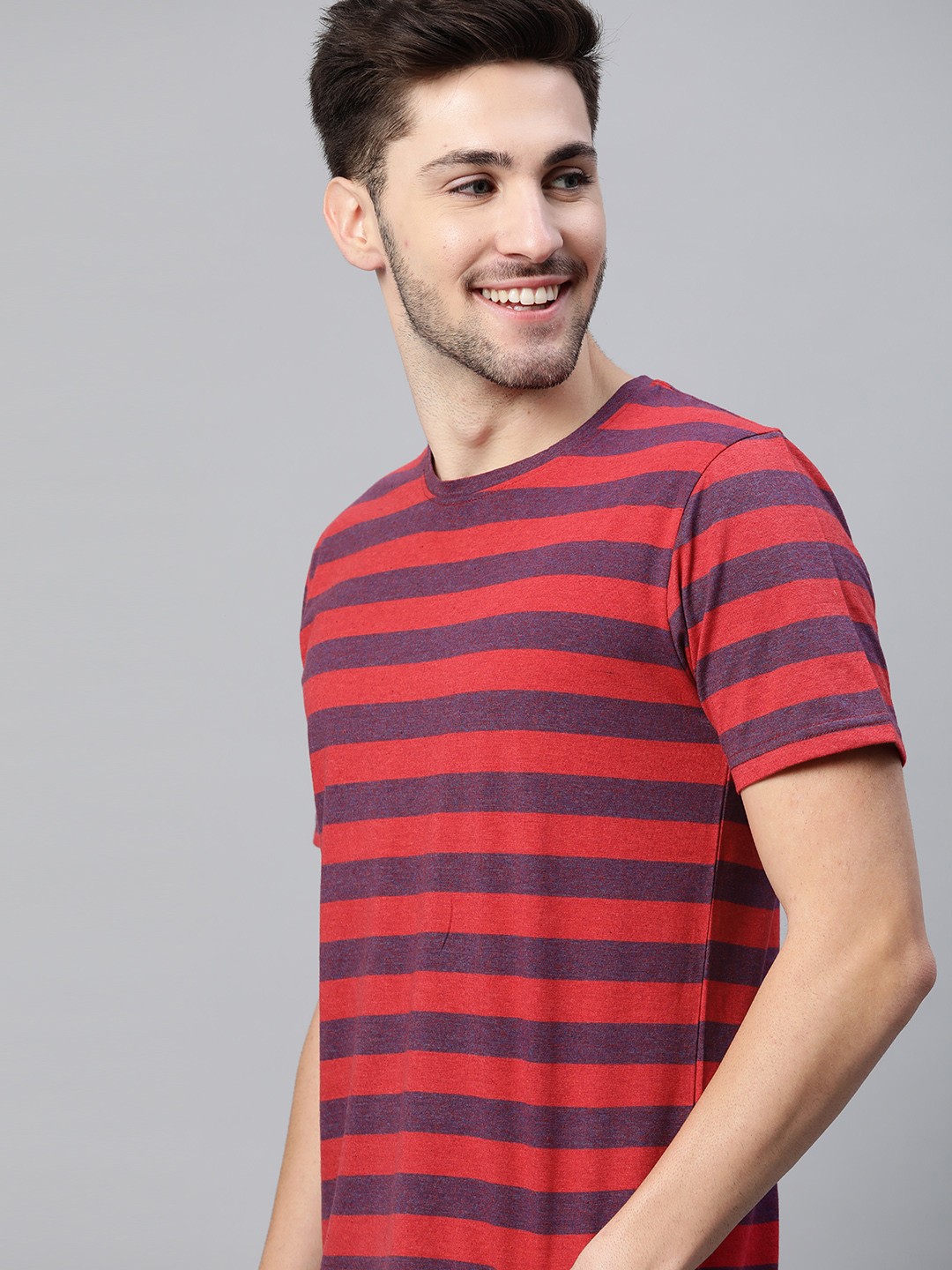 

Mast Harbour Men Coral Red Purple Pure Cotton Striped Pure Cotton T-shirt