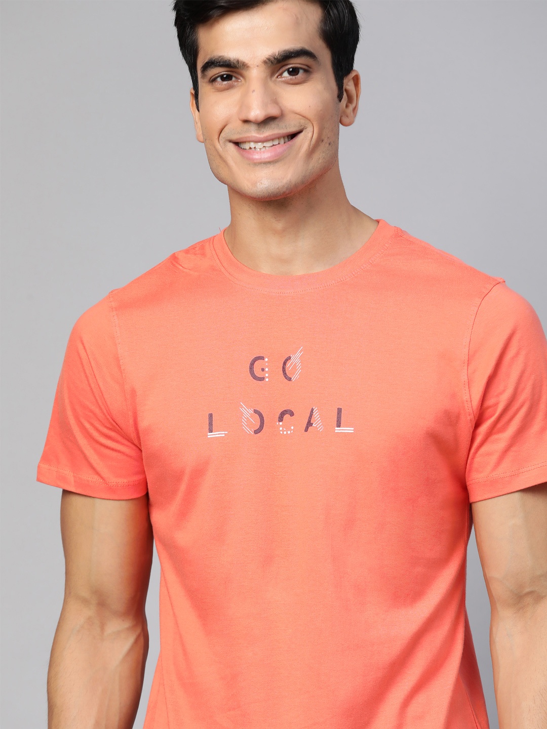 

Mast Harbour Men Coral Orange Typography Printed Pure Cotton T-shirt