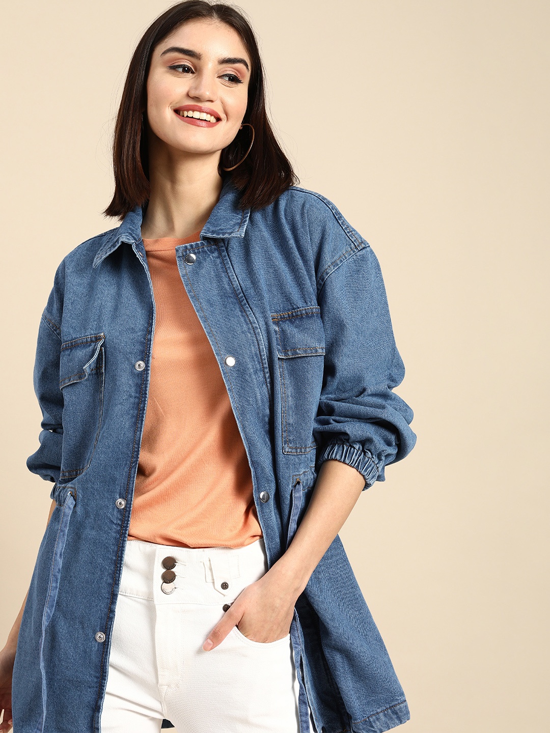 

all about you Women Blue Solid Longline Denim Jacket With Belt Detail