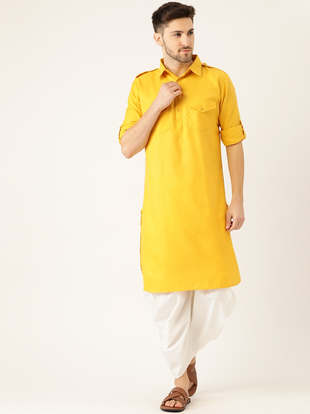 

Molly & Michel Men Yellow & Off-White Pure Cotton Pathani Kurta with Dhoti Pants