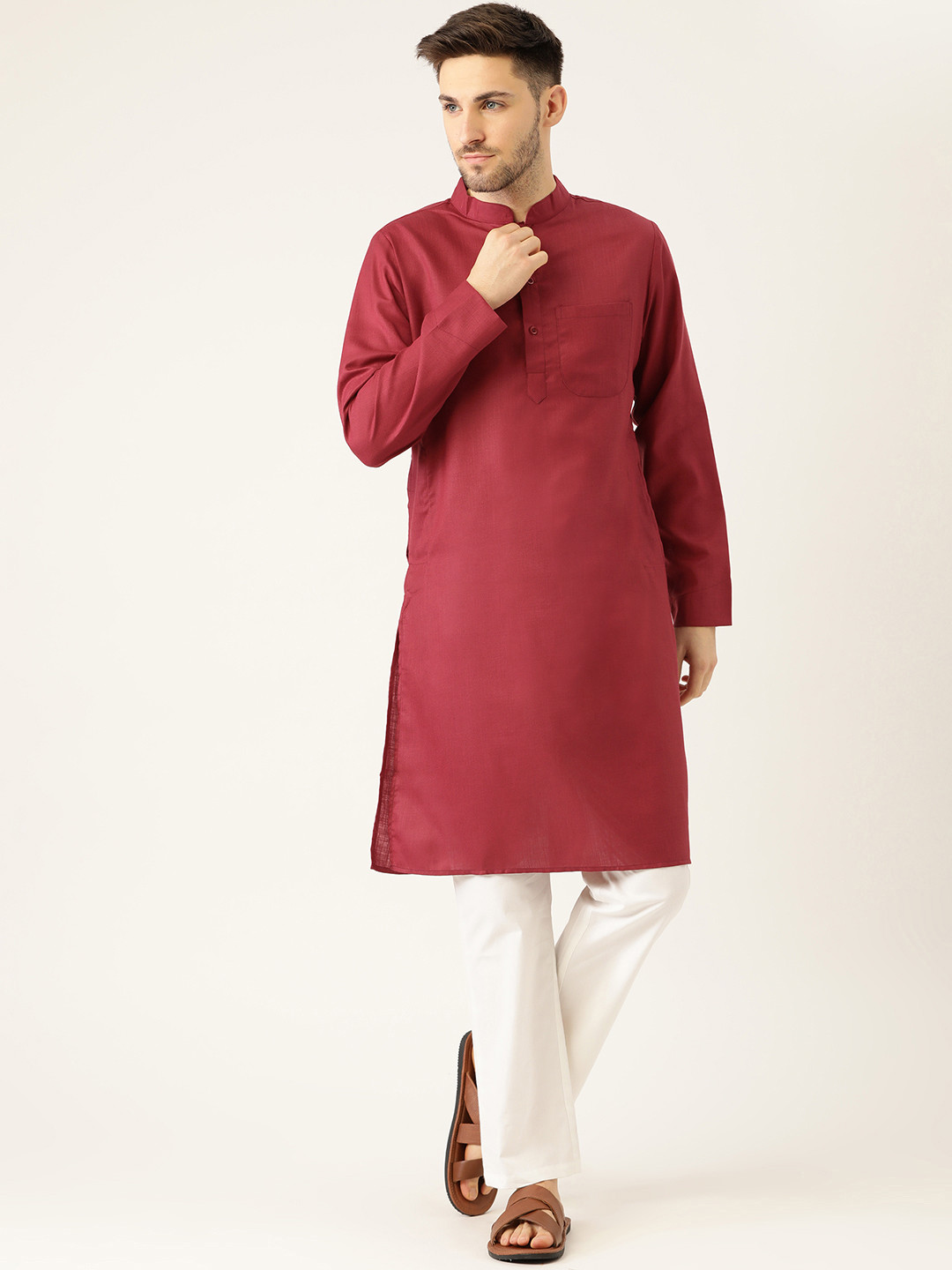

Molly & Michel Men Maroon Solid Pure Cotton Kurta with Pyjamas