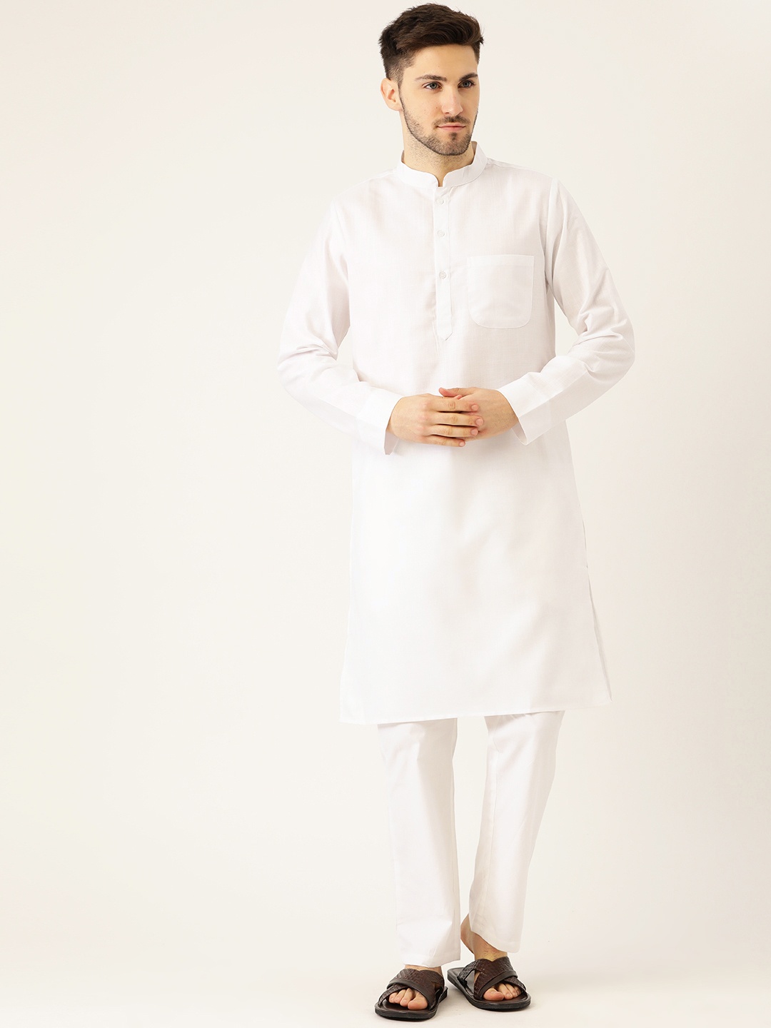 

Molly & Michel Men Off-White Solid Pure Cotton Straight Kurta with Pyjamas