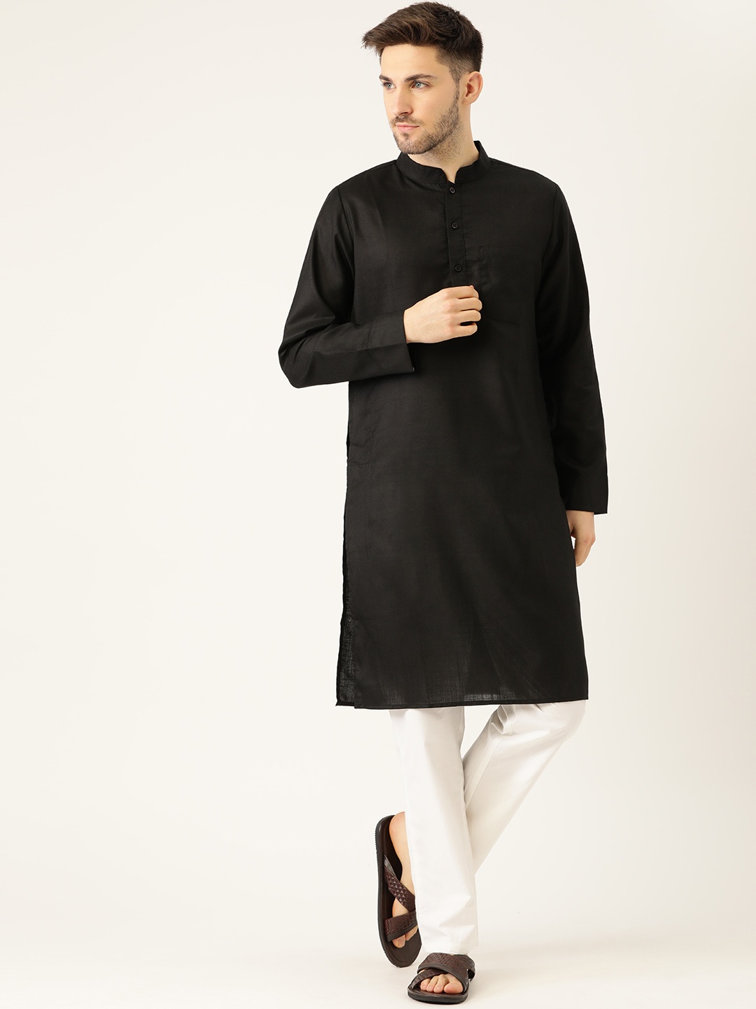 

Molly & Michel Men Black & Off-White Solid Pure Cotton Kurta with Pyjamas
