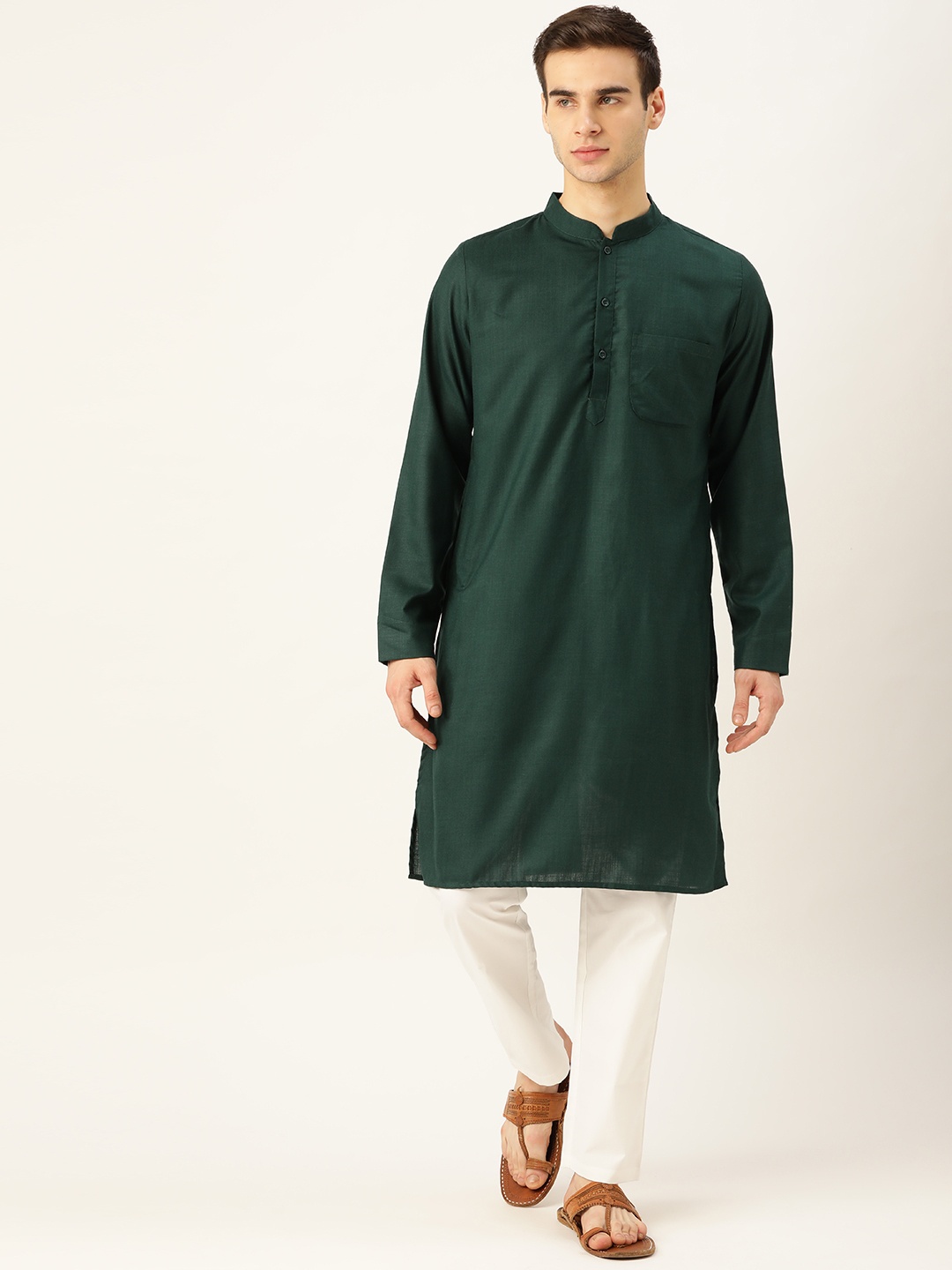 

Molly & Michel Men Green & White Pure Cotton Kurta with Pyjamas