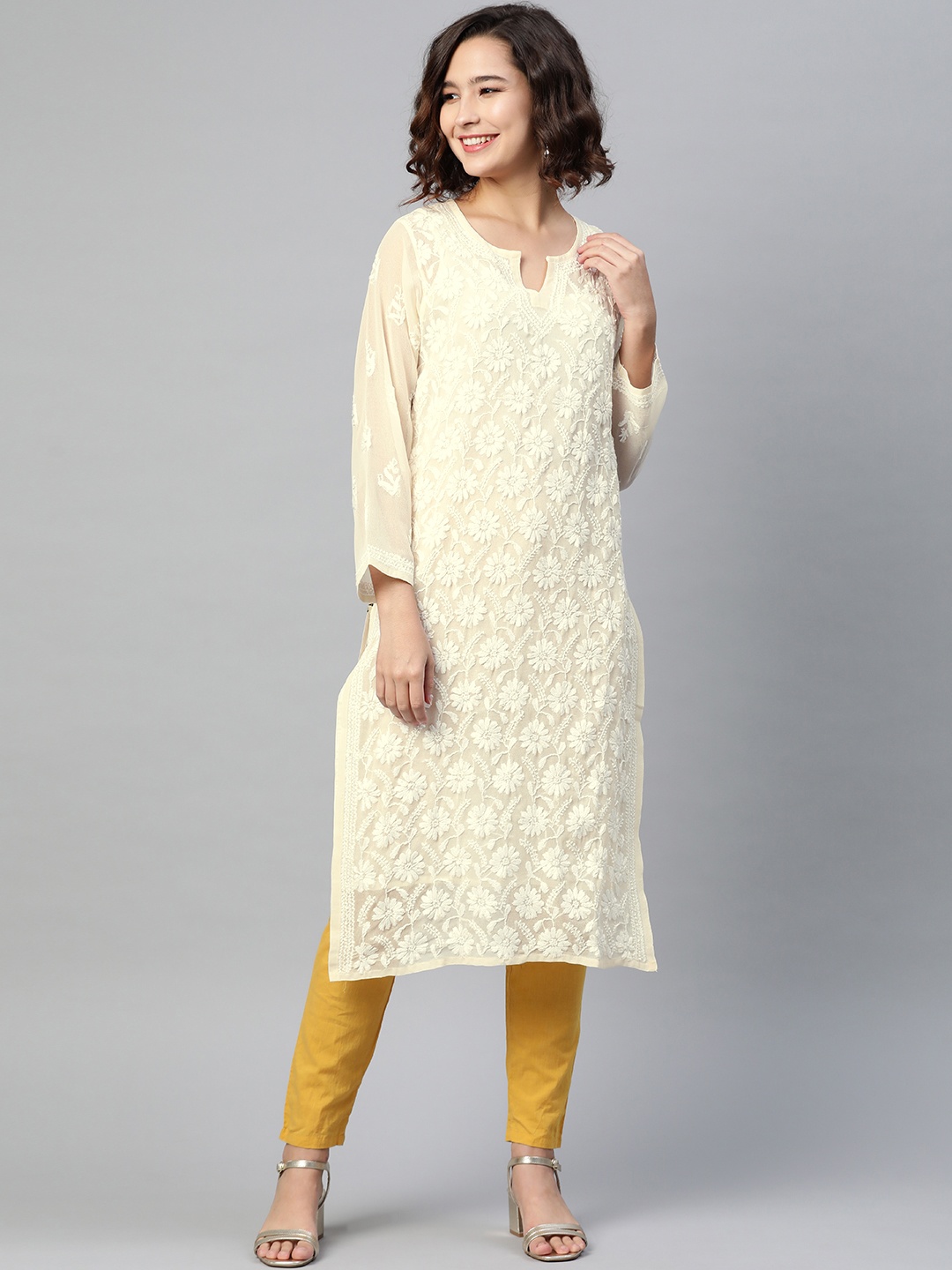

ADA Women Cream Coloured Embroidered Chikankari Sustainable Handloom Kurta With Matching Slip