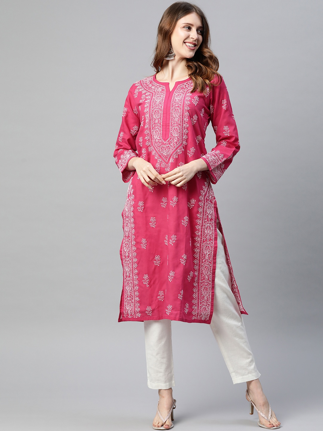 

ADA Women Magenta & White Chikankari Ethnic Motifs Embroidered Straight Kurta