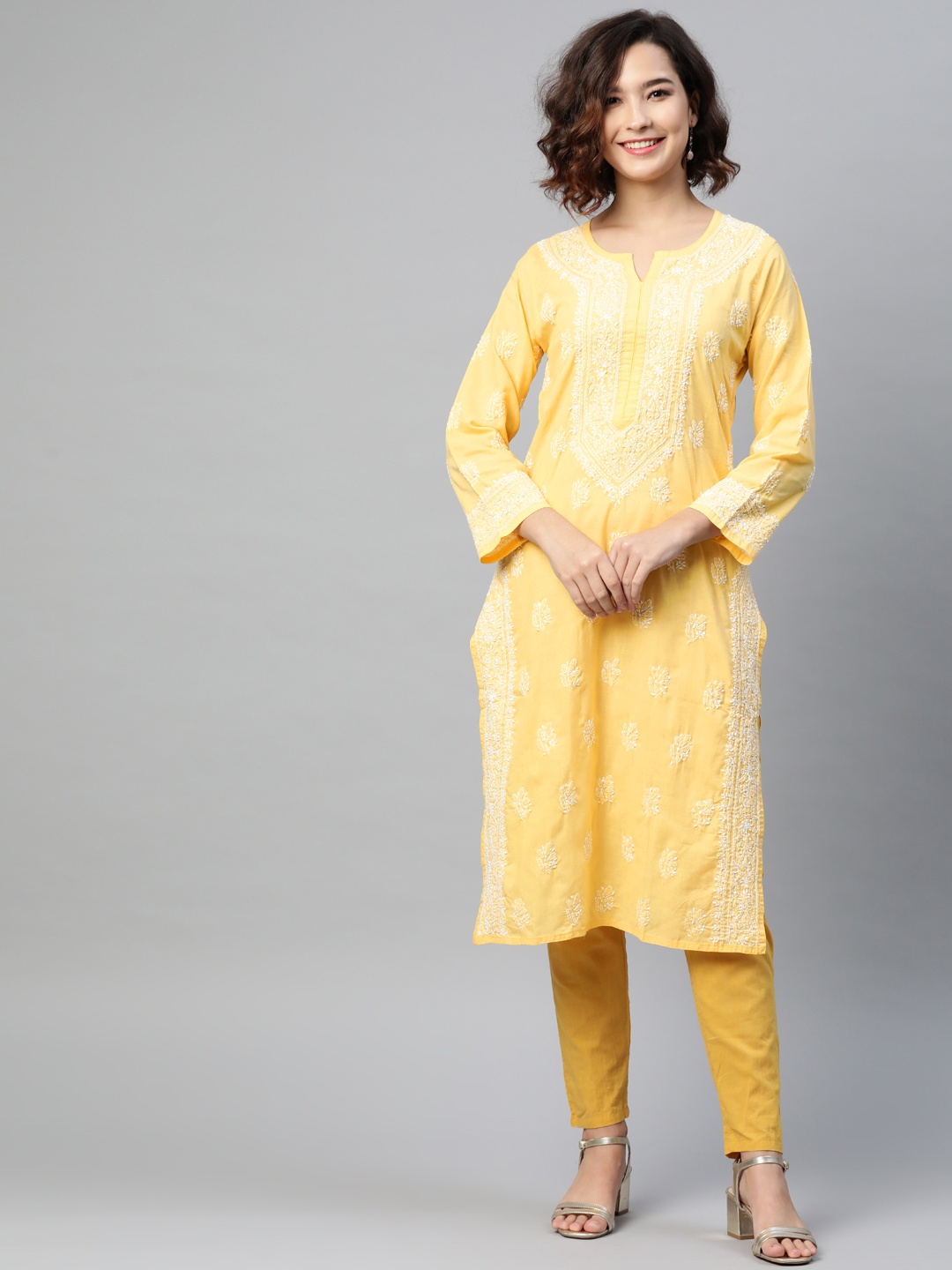 

ADA Women Yellow & White Ethnic Motifs Embroidered Chikankari Handloom Kurta