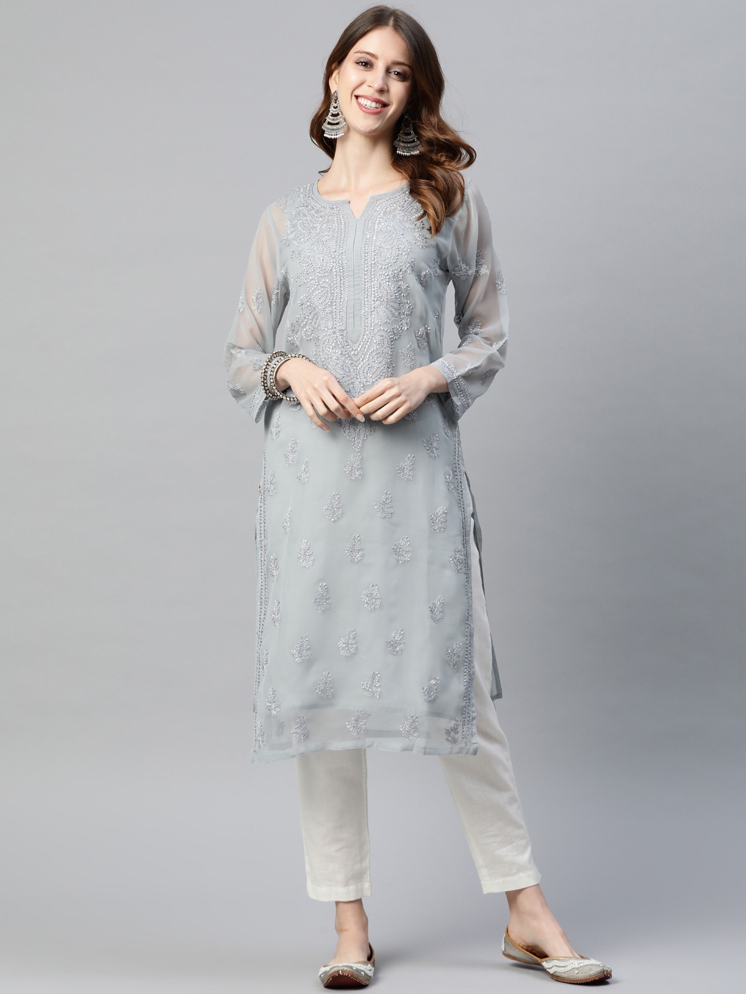 

ADA Women Grey Ethnic Motifs Embroidered Chikankari Georgette Handloom Kurta With Matching Slip