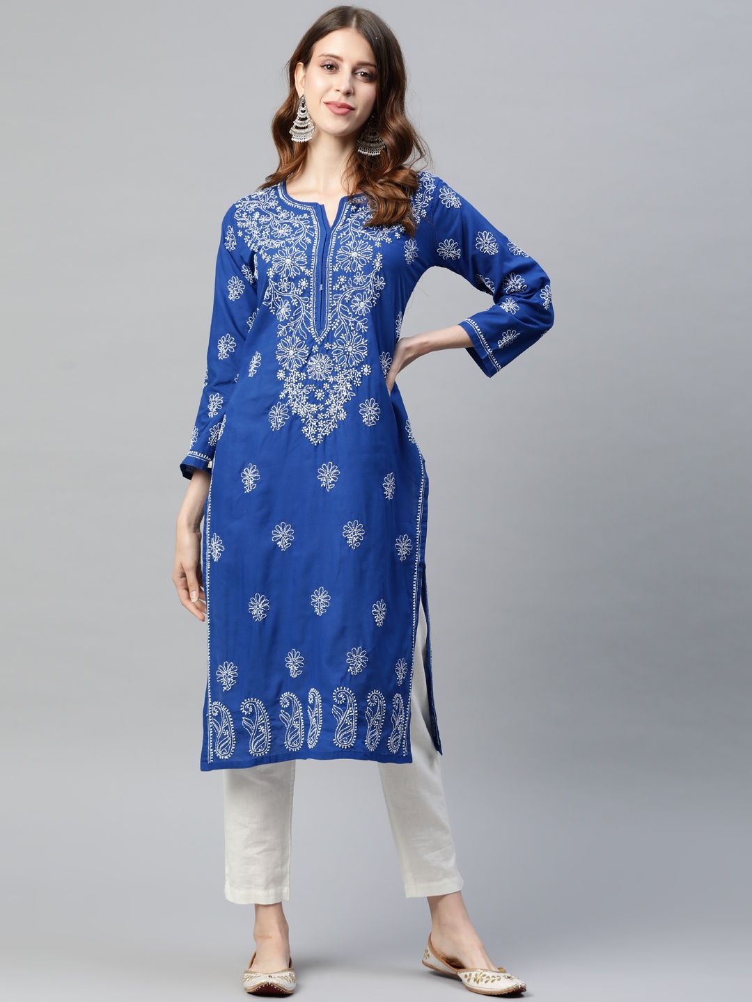 

ADA Women Blue & White Ethnic Motifs Embroidered Chikankari Sustainable Straight Kurta