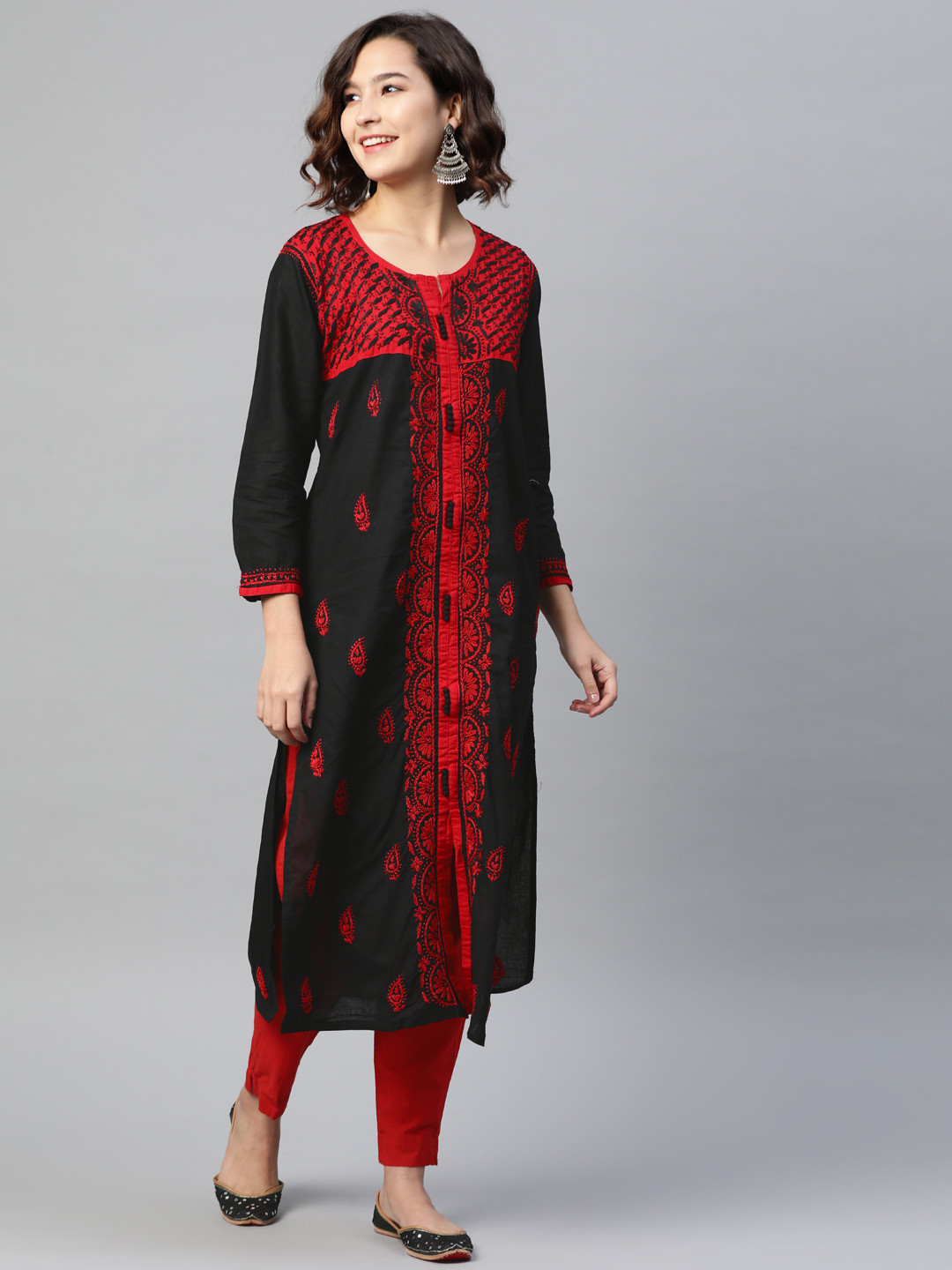 

ADA Women Black & Red Ethnic Motifs Embroidered Chikankari Handloom Kurta