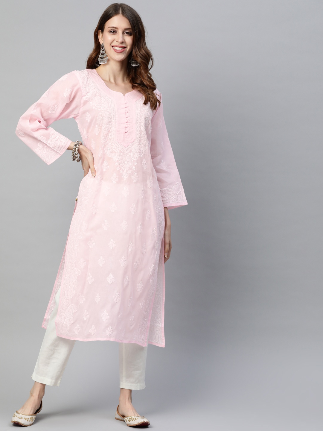 

ADA Women Pink & White Ethnic Motifs Embroidered Chikankari Sustainable Straight Handloom Kurta