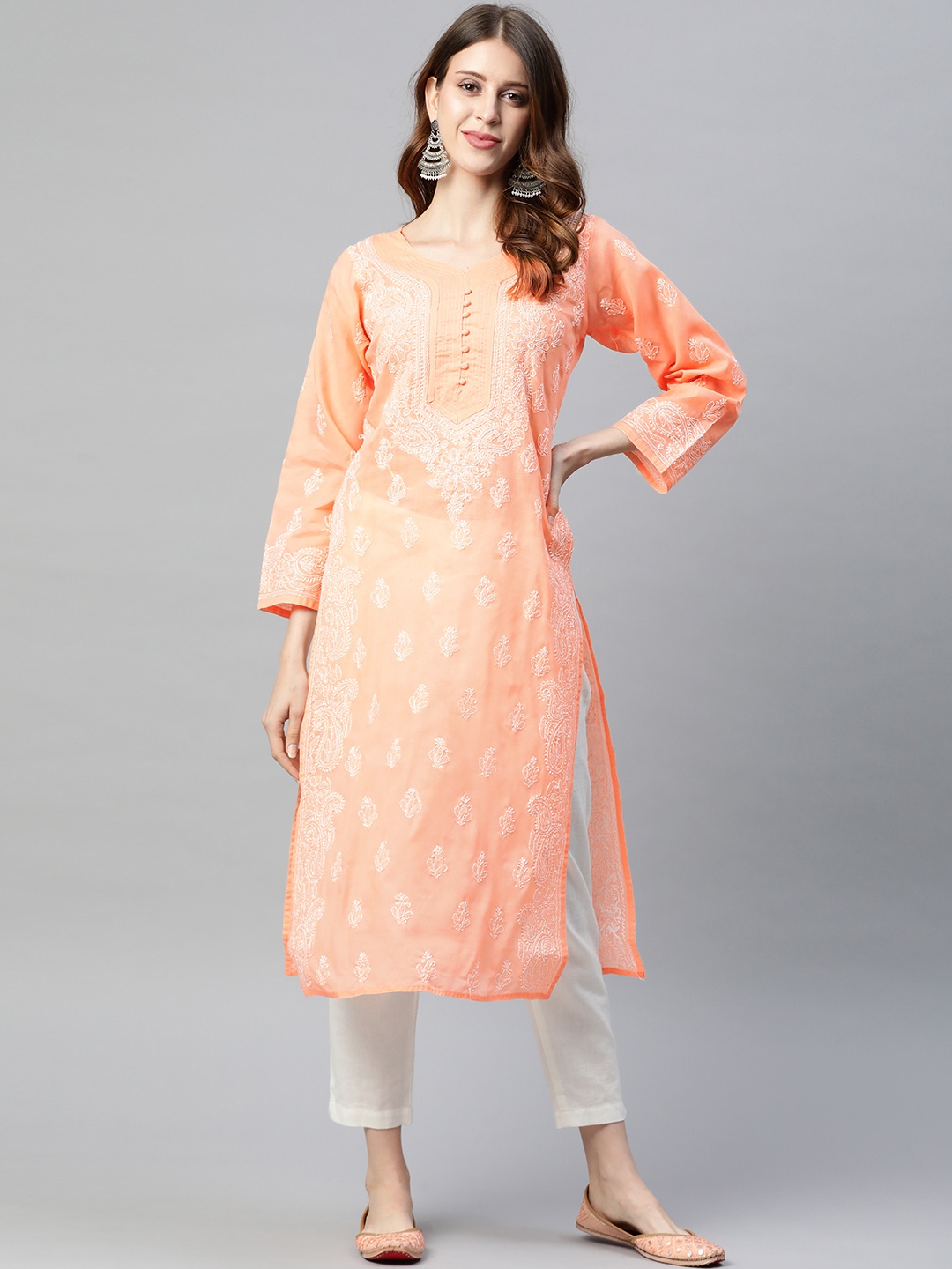 

ADA Women Peach & White Ethnic Motifs Embroidered Chikankari Pastels Sustainable Kurta