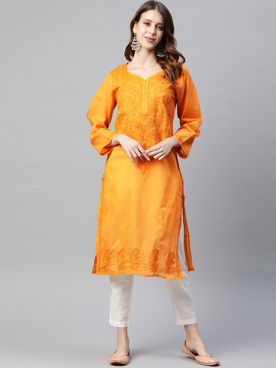 

ADA Women Mustard Yellow Ethnic Motifs Hand Embroidered Chikankari Sustainable Handloom Kurta