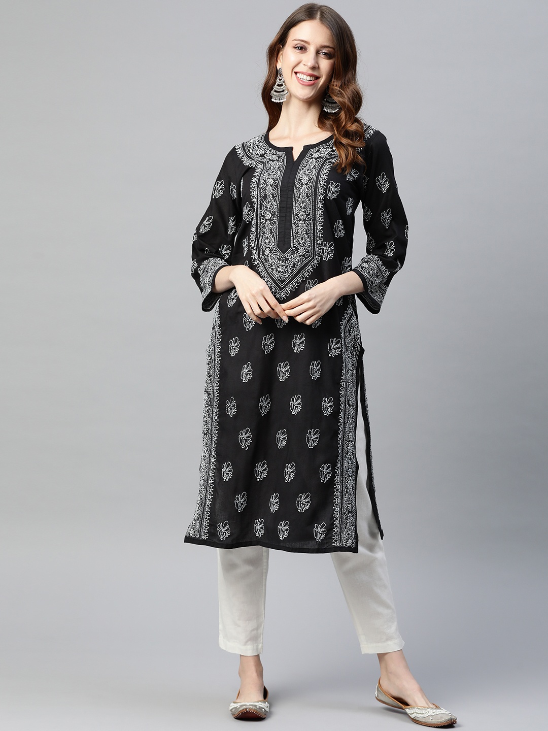 

ADA Women Black & White Chikankari Ethnic Motifs Embroidered Sustainable Straight Kurta