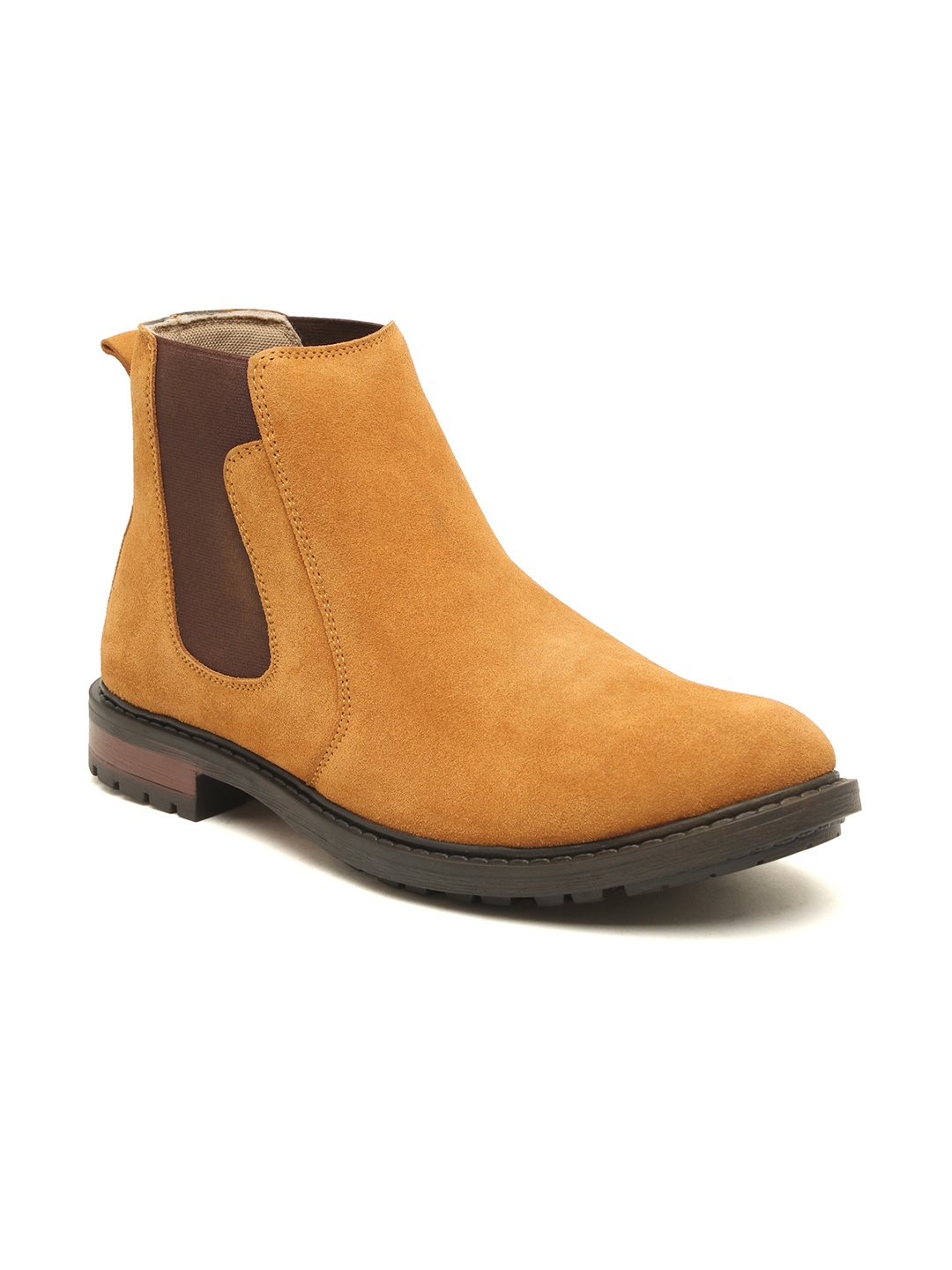 

LOUIS STITCH Men Tan Handmade Suede Mid-Top Chelsea Flat Boots