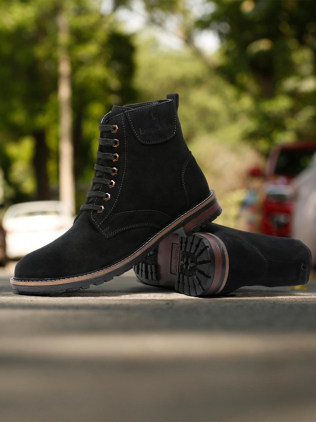 

LOUIS STITCH Men Black Suede Leather Flat Boots