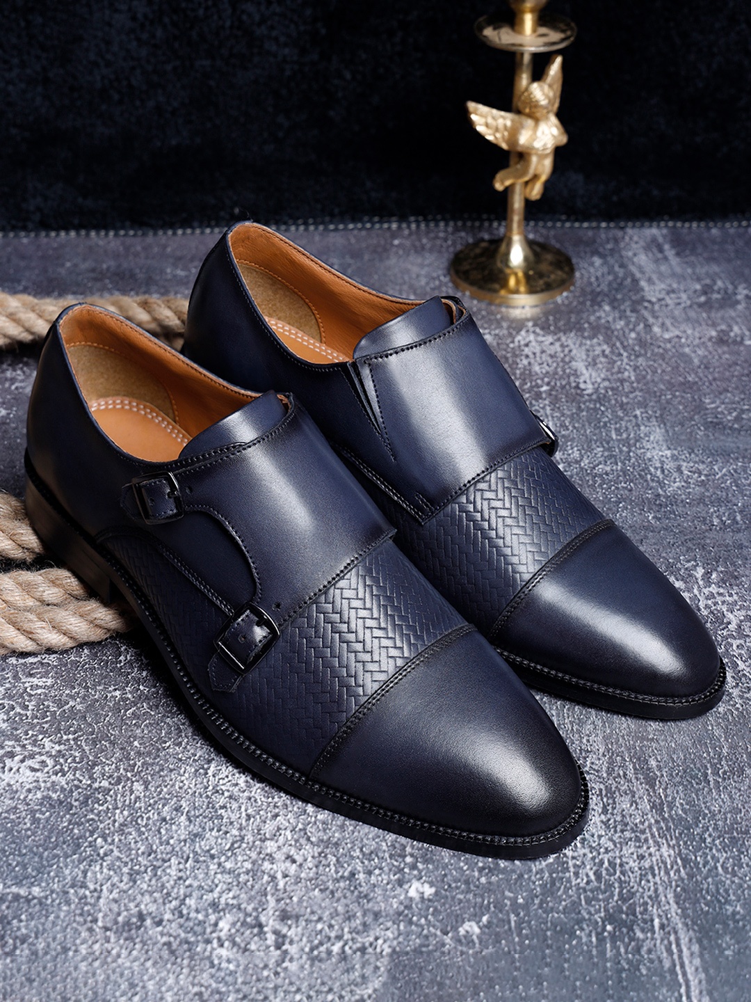 

LOUIS STITCH Men Premium Leather Dual Tone Patina Monk Shoes, Blue
