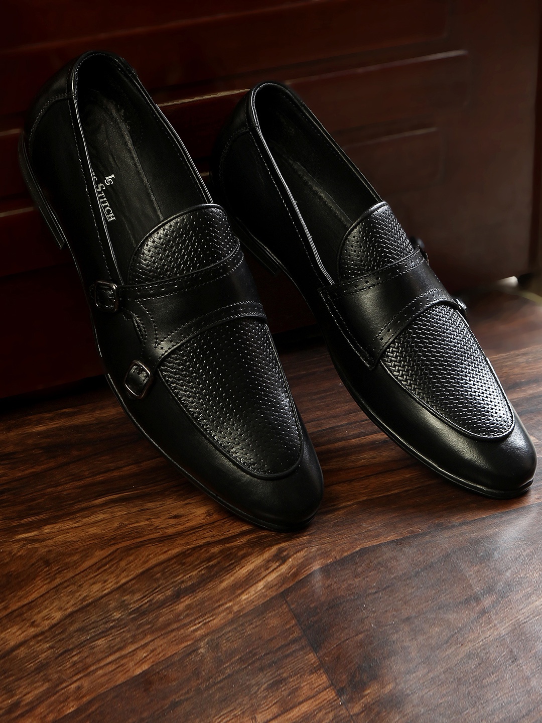 

LOUIS STITCH Men Black Textured Italian Leather Double Monk Loafers
