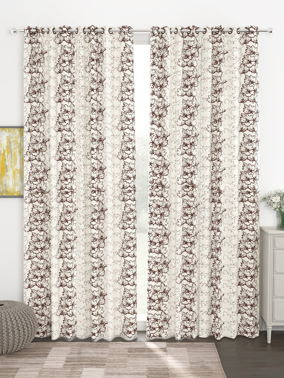 Story@home White & Coffee Brown Printed Set of 4 Door Curtains