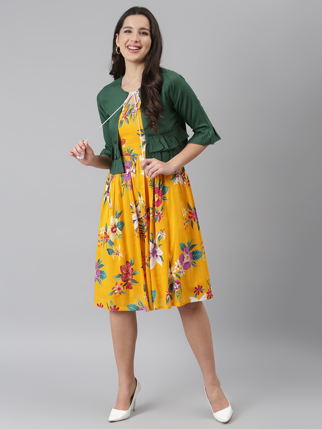 

DEEBACO Yellow & Red Floral Printed Tie-Up Neck FitAnd Flared Midi Dress