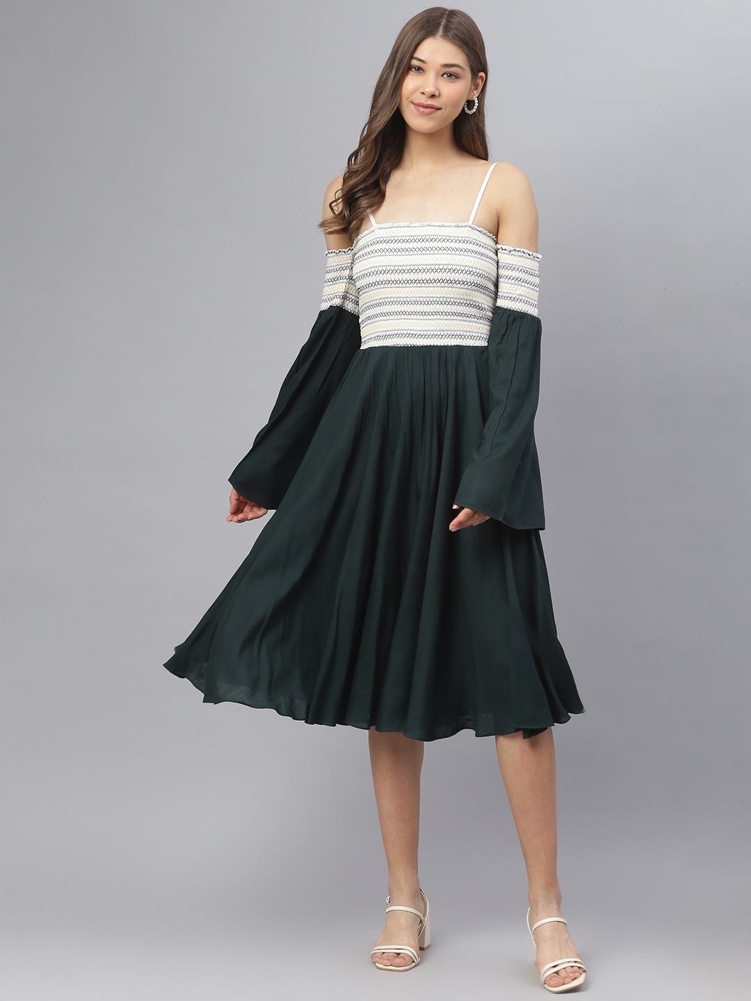 

DEEBACO Women Green & White Striped Off-Shoulder Fit And Flared Midi Dress