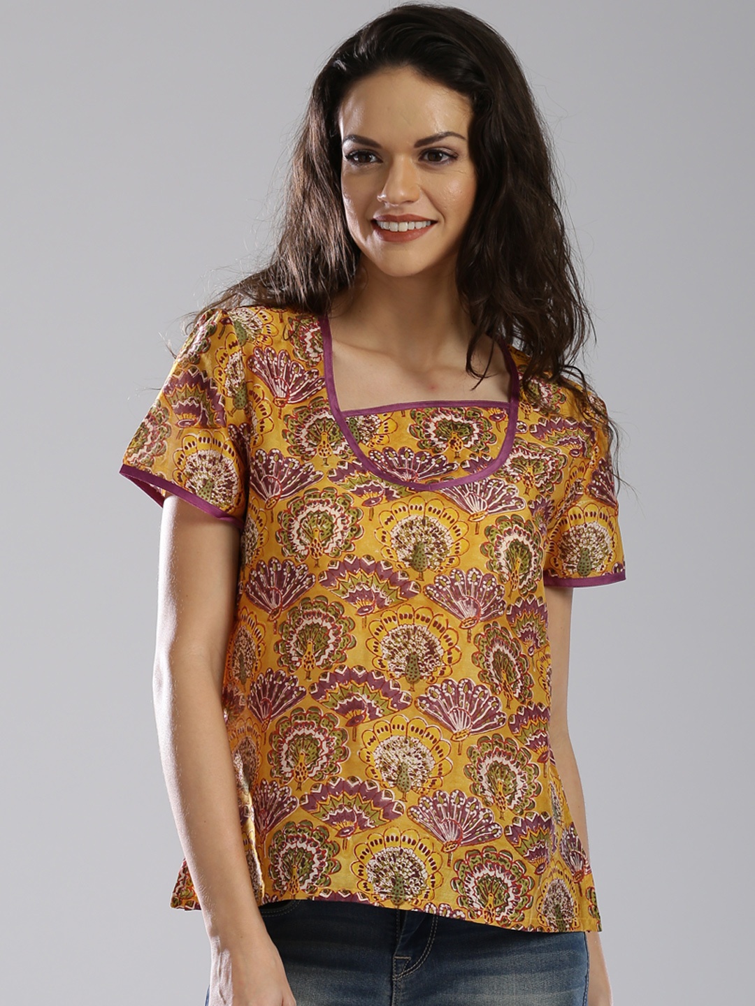 

Fabindia Mustard Yellow Handblock Print Top