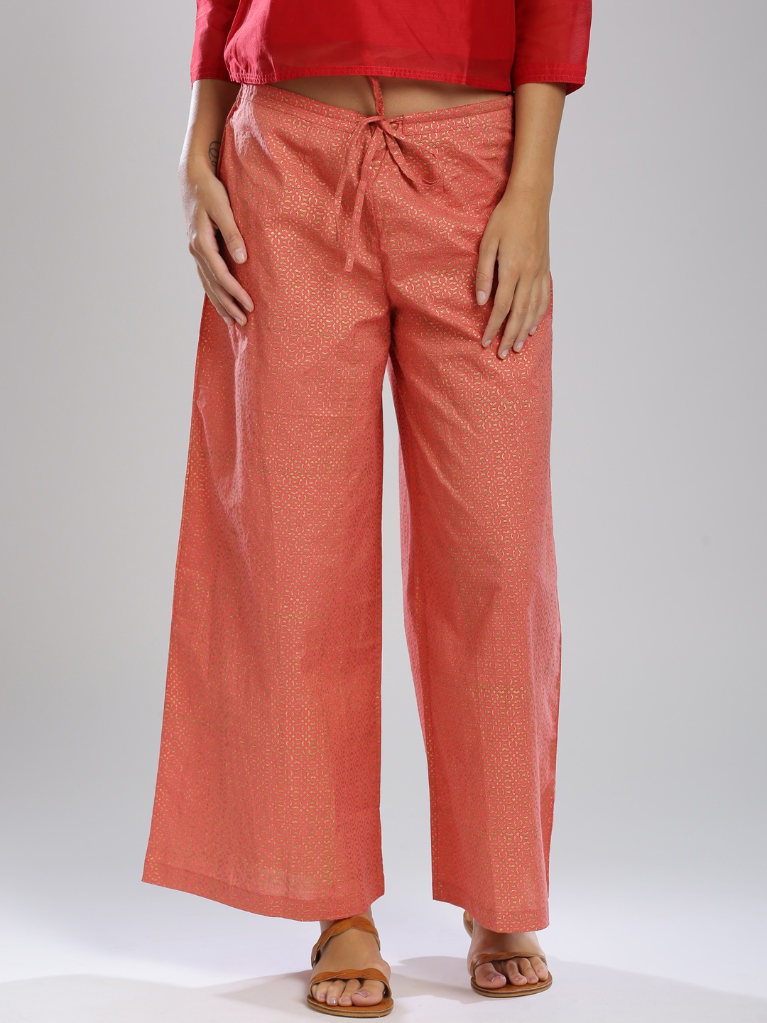 

Fabindia Red & Gold-Toned Printed Palazzo Trousers
