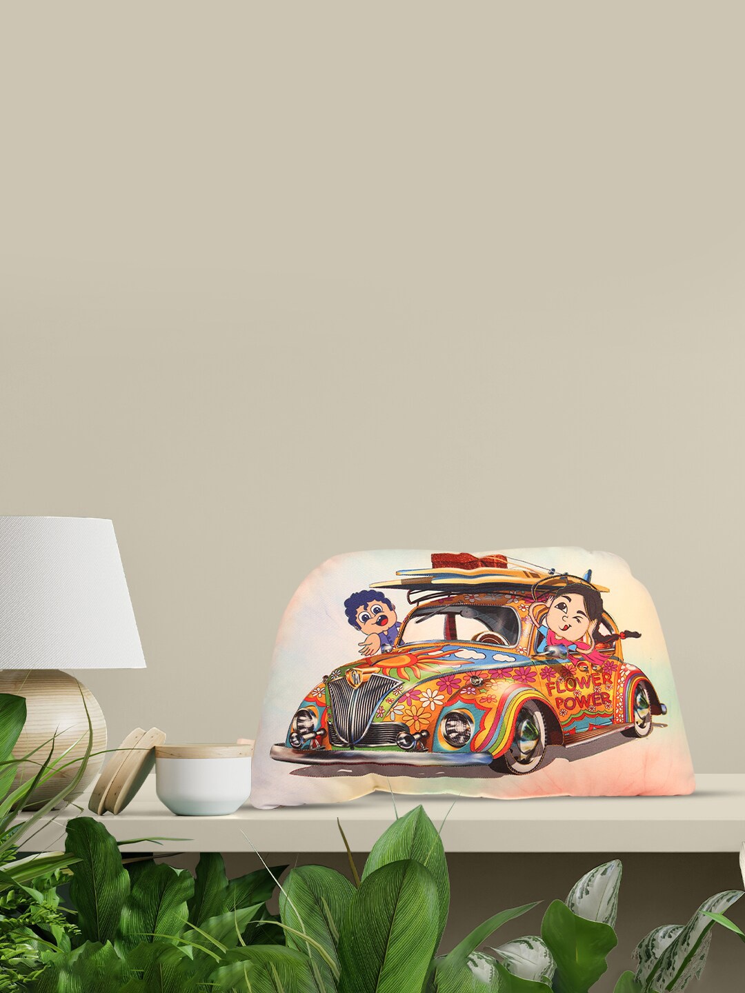 

Sivya White & Orange Printed Car Shaped Cushion