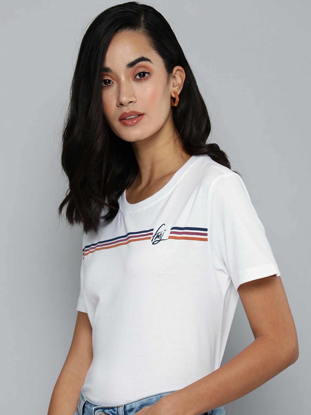 

Flying Machine Women White Striped Pure Cotton T-shirt