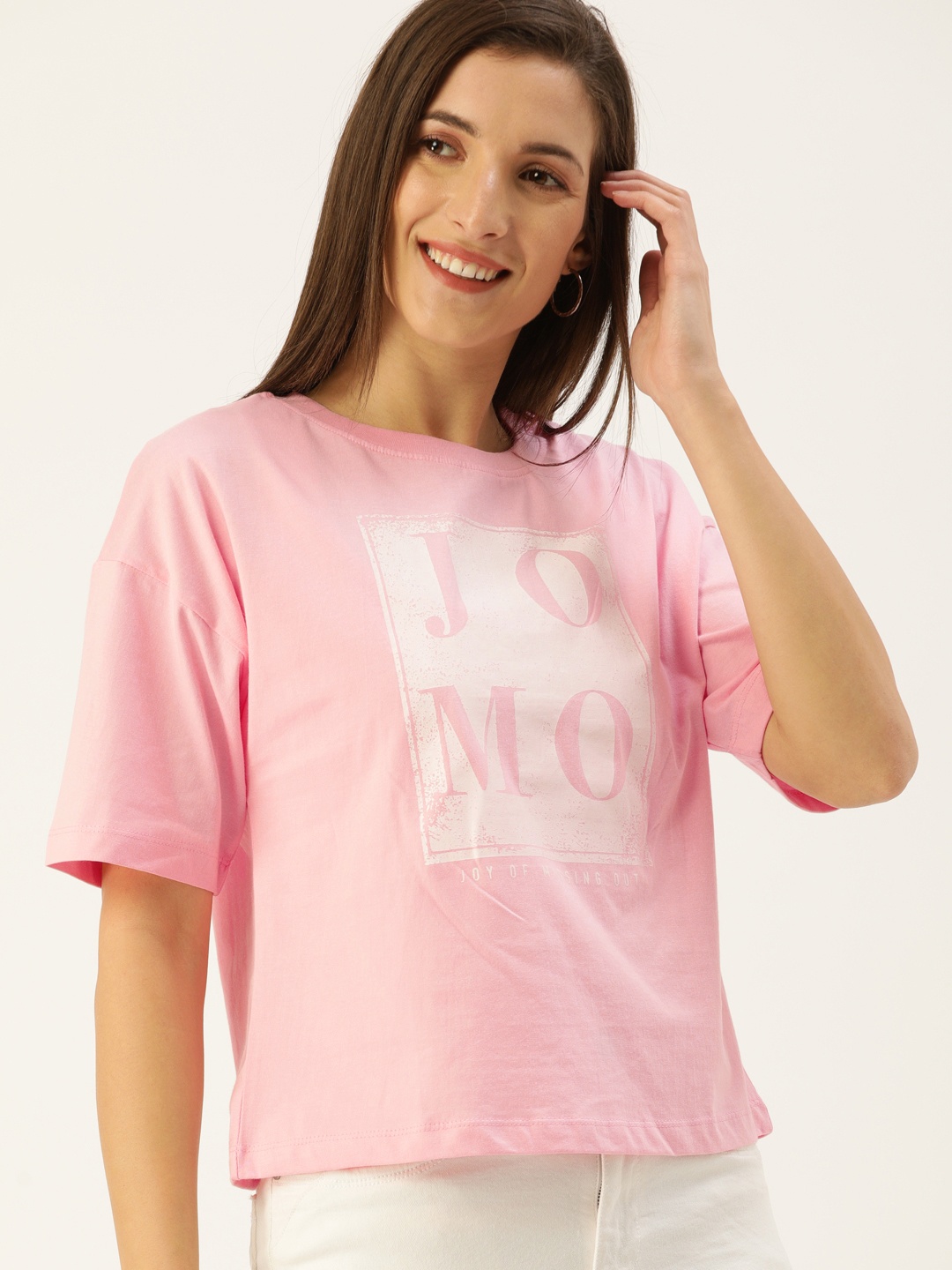 

Flying Machine Women Pink Typography Printed Drop-Shoulder Sleeves Pure Cotton T-shirt
