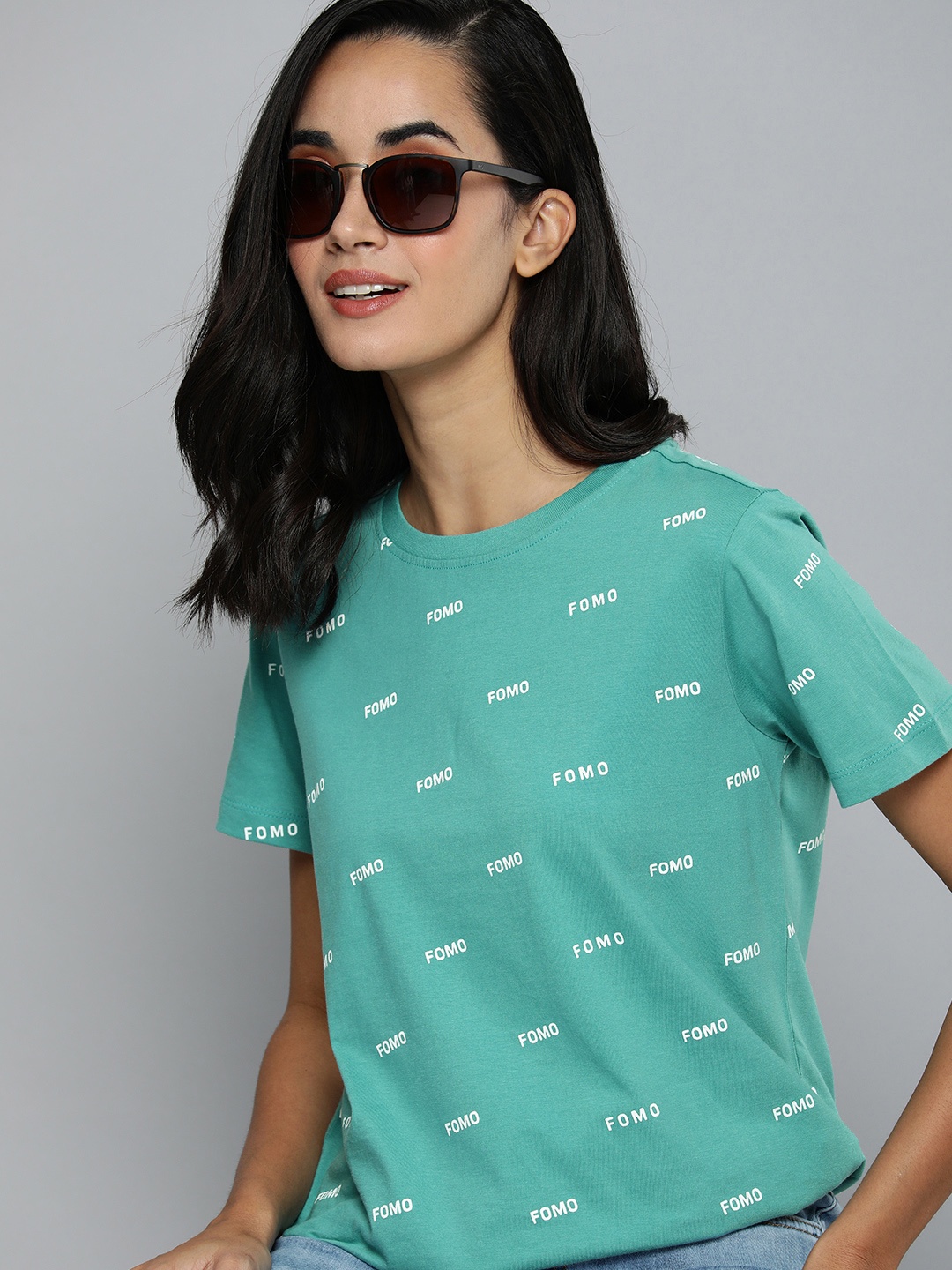 

Flying Machine Women Sea Green Typography Printed Pure Cotton T-shirt