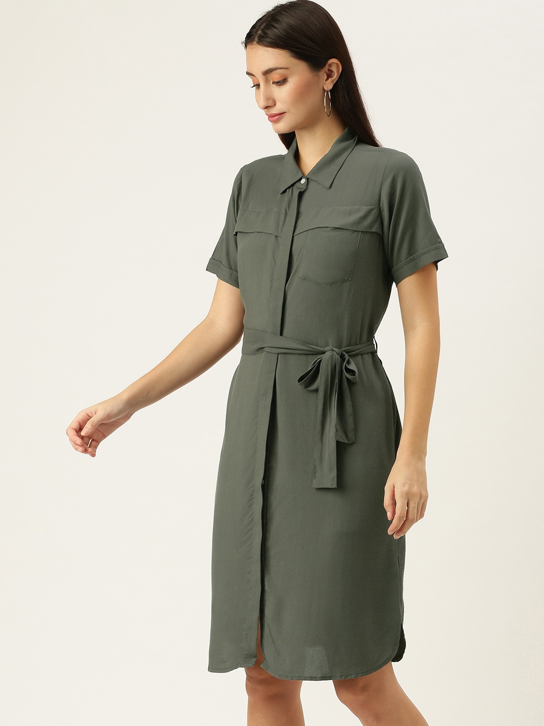 

Flying Machine Olive Green Solid Shirt Dress